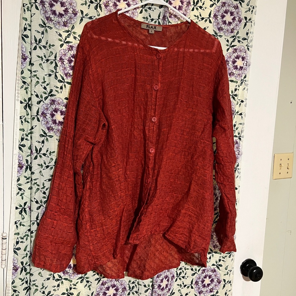 Flax L lightweight 100% linen woven red orange Long Sleeve shirt Blouse